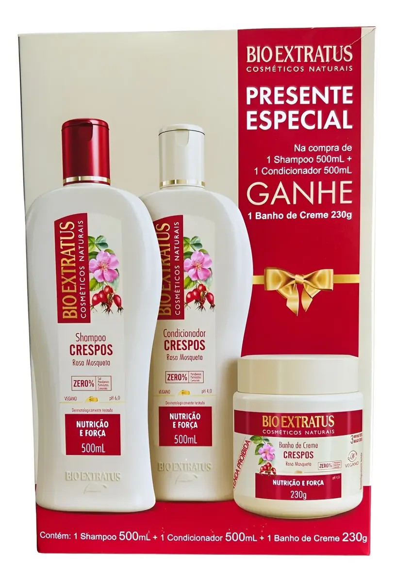 Kit Bio Extratus Crespos Rosa Mosqueta Shampoo 500ml + Condicionador 500ml + Creme 230g