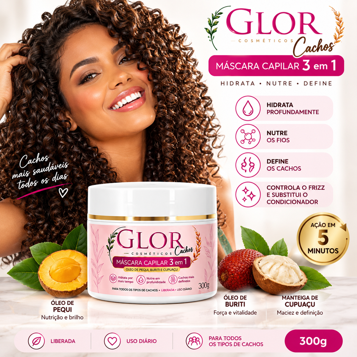 GLOR Cachos — Máscara Capilar 3 em 1 com Óleo de Pequi e Buriti | 300g