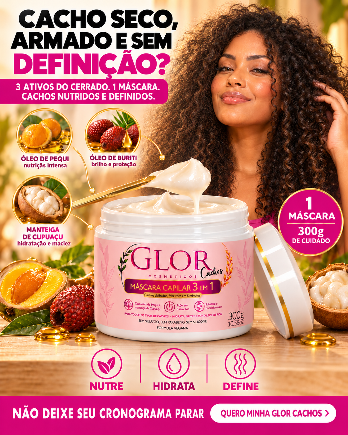 Kit Cachos Definidos GLOR – Máscara 3 em 1 + Creme de Pentear + Reconstrutor Be.Use