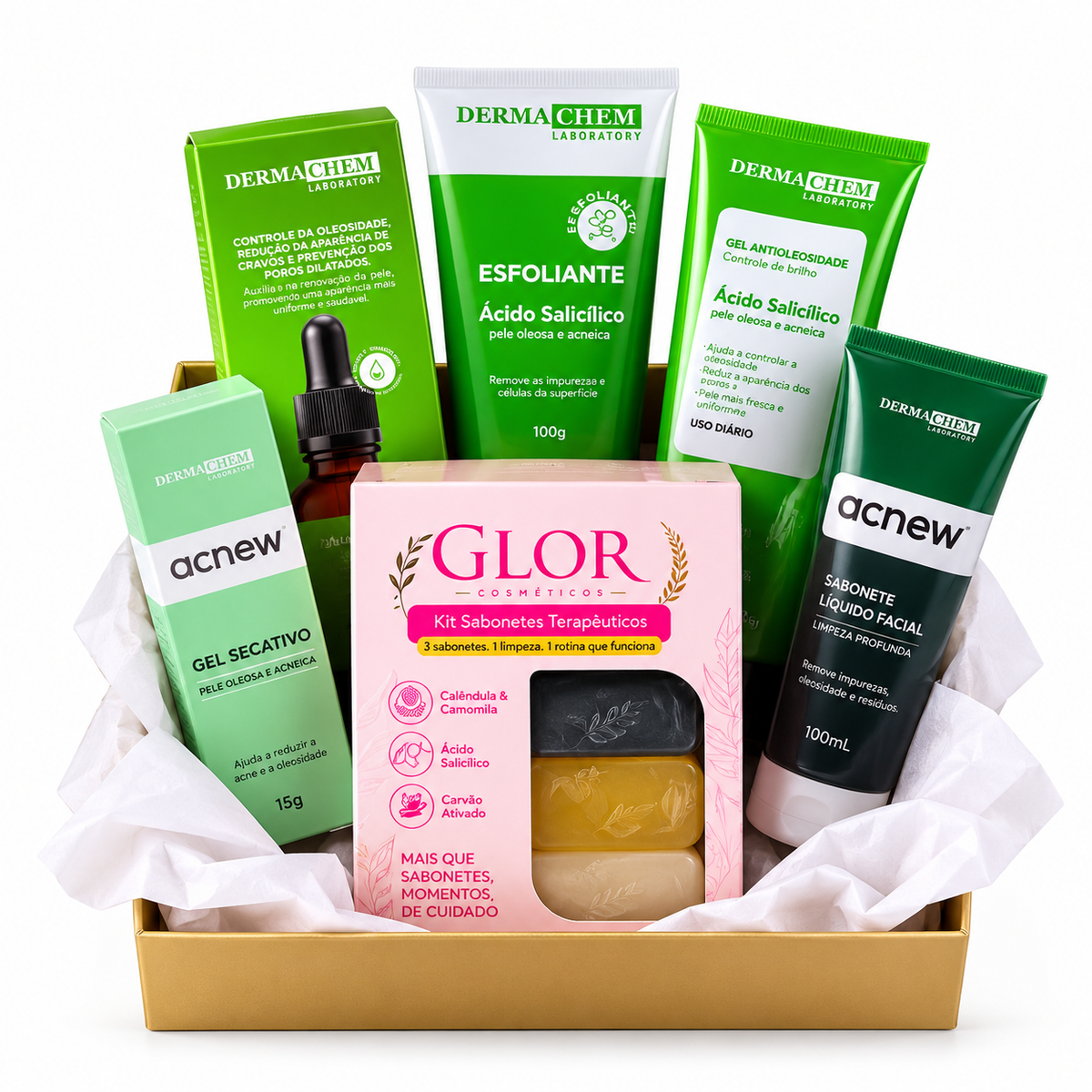 Kit Pele Oleosa Sem Brilho – Rotina Completa GLOR + Dermachem + Acnew