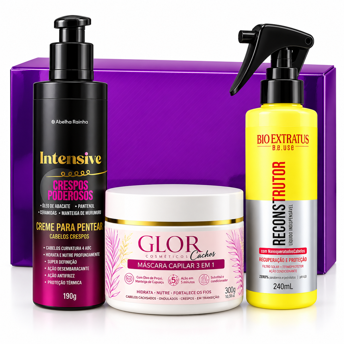 Kit Cachos Definidos GLOR – Máscara 3 em 1 + Creme de Pentear + Reconstrutor Be.Use