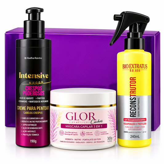 Kit Cachos Definidos GLOR – Máscara 3 em 1 + Creme de Pentear + Reconstrutor Be.Use
