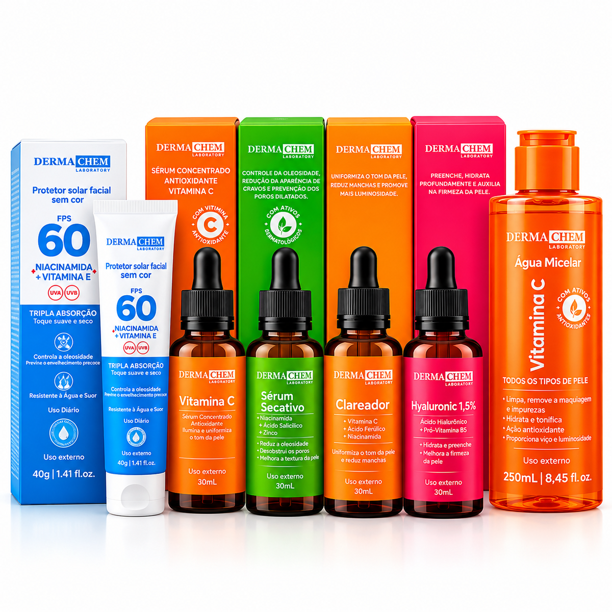 Kit Pele Uniforme Dermachem – Rotina Clareadora com Sérum e Vitamina C (5 itens)