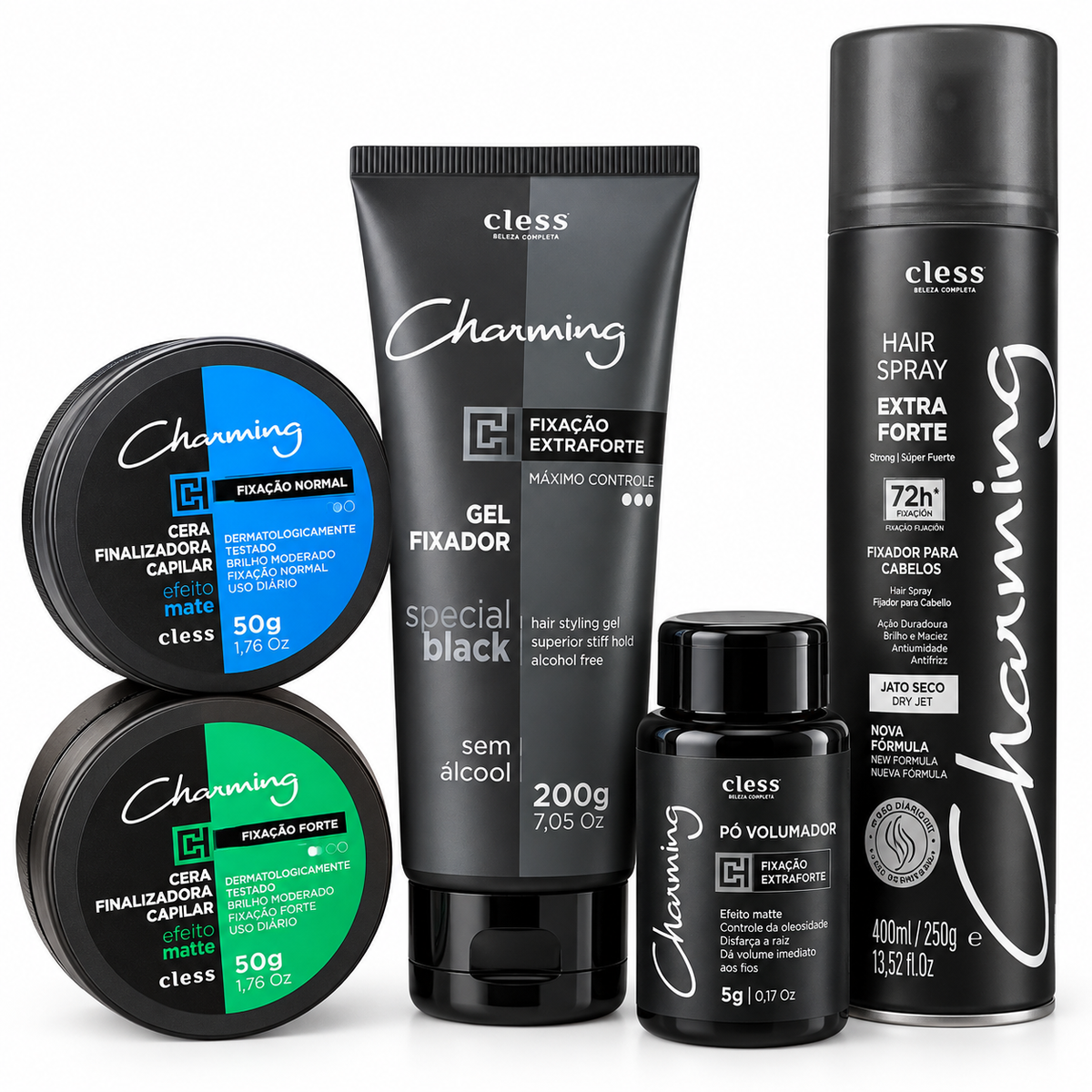 Kit Presente Masculino Estilo Charming – Spray + 2 Ceras Matte + Gel + Pó Volumador (Cless)