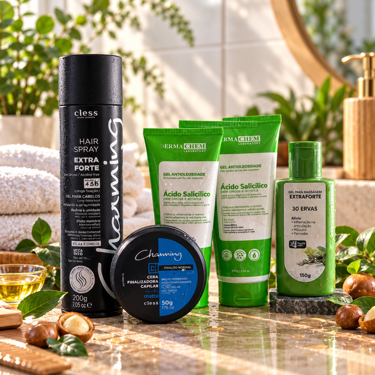 Kit Cuidados Masculinos – Spray Fixador 150ml + Cera Matte + Géis Antioleosidade + Gel 30 Ervas