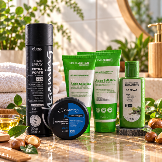 Kit Cuidados Masculinos – Spray Fixador 150ml + Cera Matte + Géis Antioleosidade + Gel 30 Ervas