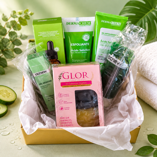 Kit Pele Oleosa Sem Brilho – Rotina Completa GLOR + Dermachem + Acnew