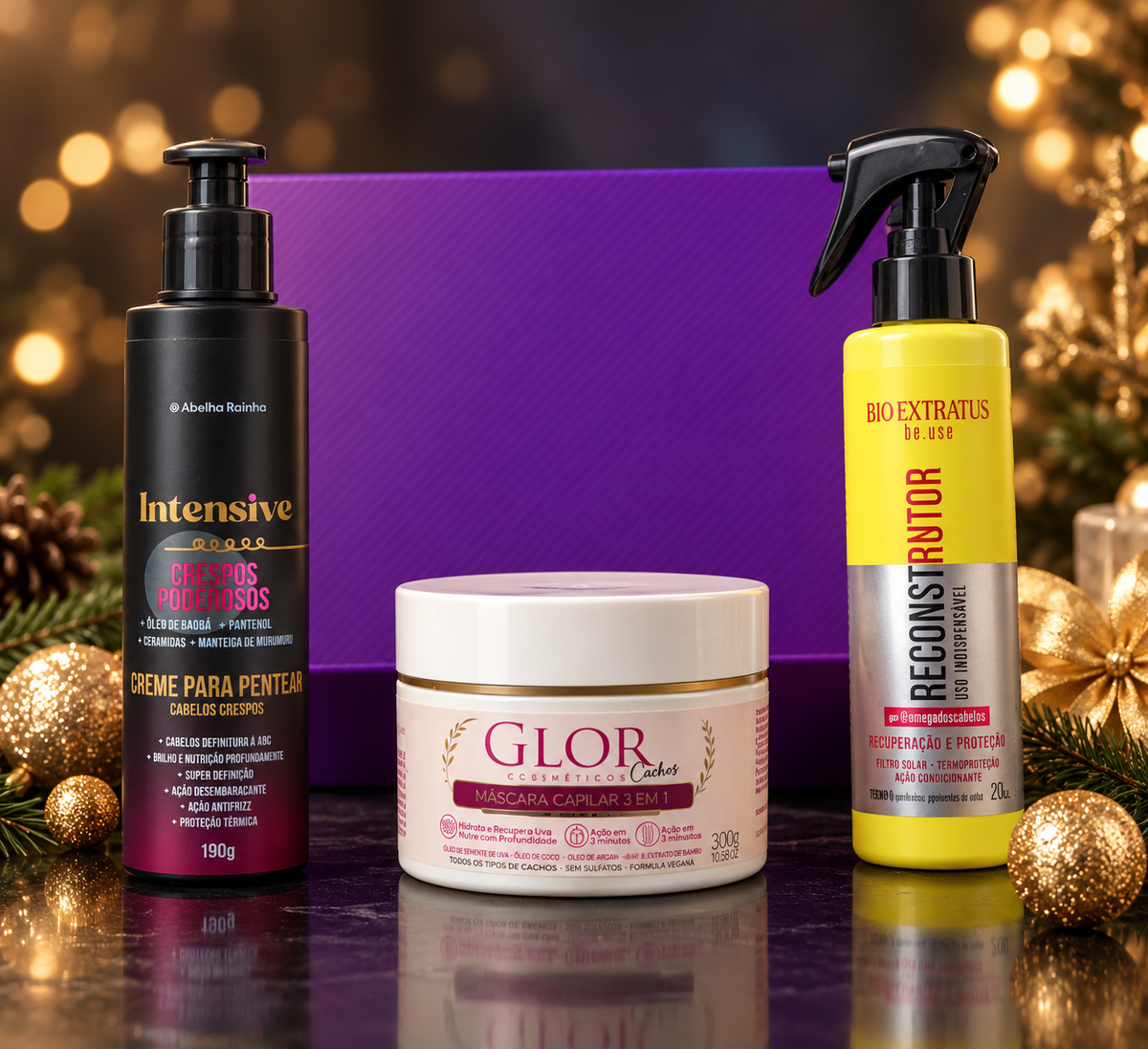 Kit Cachos Definidos GLOR – Máscara 3 em 1 + Creme de Pentear + Reconstrutor Be.Use