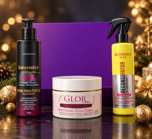 Kit Cachos Definidos GLOR – Máscara 3 em 1 + Creme de Pentear + Reconstrutor Be.Use