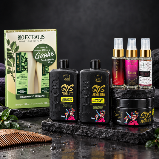Kit Antiqueda & Força – Jaborandi + S.O.S Absoluto Soul + 3 Perfumes Capilares