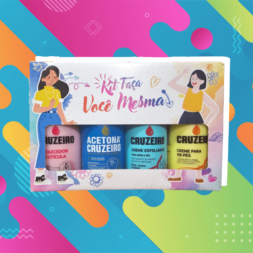 Kit Faça Você Mesma Cruzeiro – Acetona + Amolecedor de Cutículas + Esfoliante + Creme para os Pés | Cuidados Completos