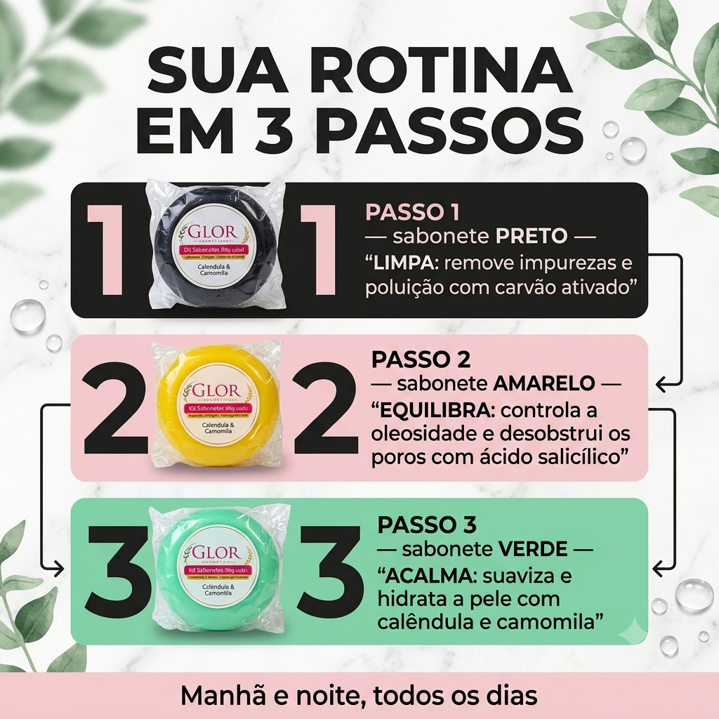 Kit Skincare Facial GLOR | 3 Sabonetes para Pele Oleosa