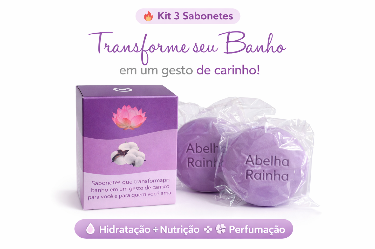 Kit 3 Sabonetes Abelha Rainha Todo Cuidado+ 70g Flor de Lótus Algodão Hidratante Perfumado
