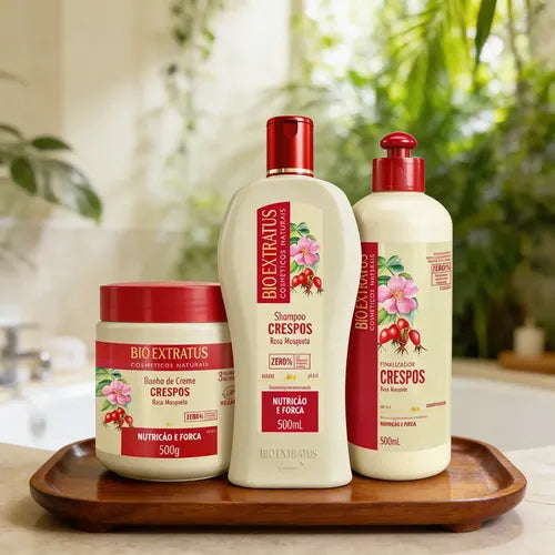 Kit Bio Extratus Crespos Rosa Mosqueta Shampoo 500ml + Condicionador 500ml + Creme 230g