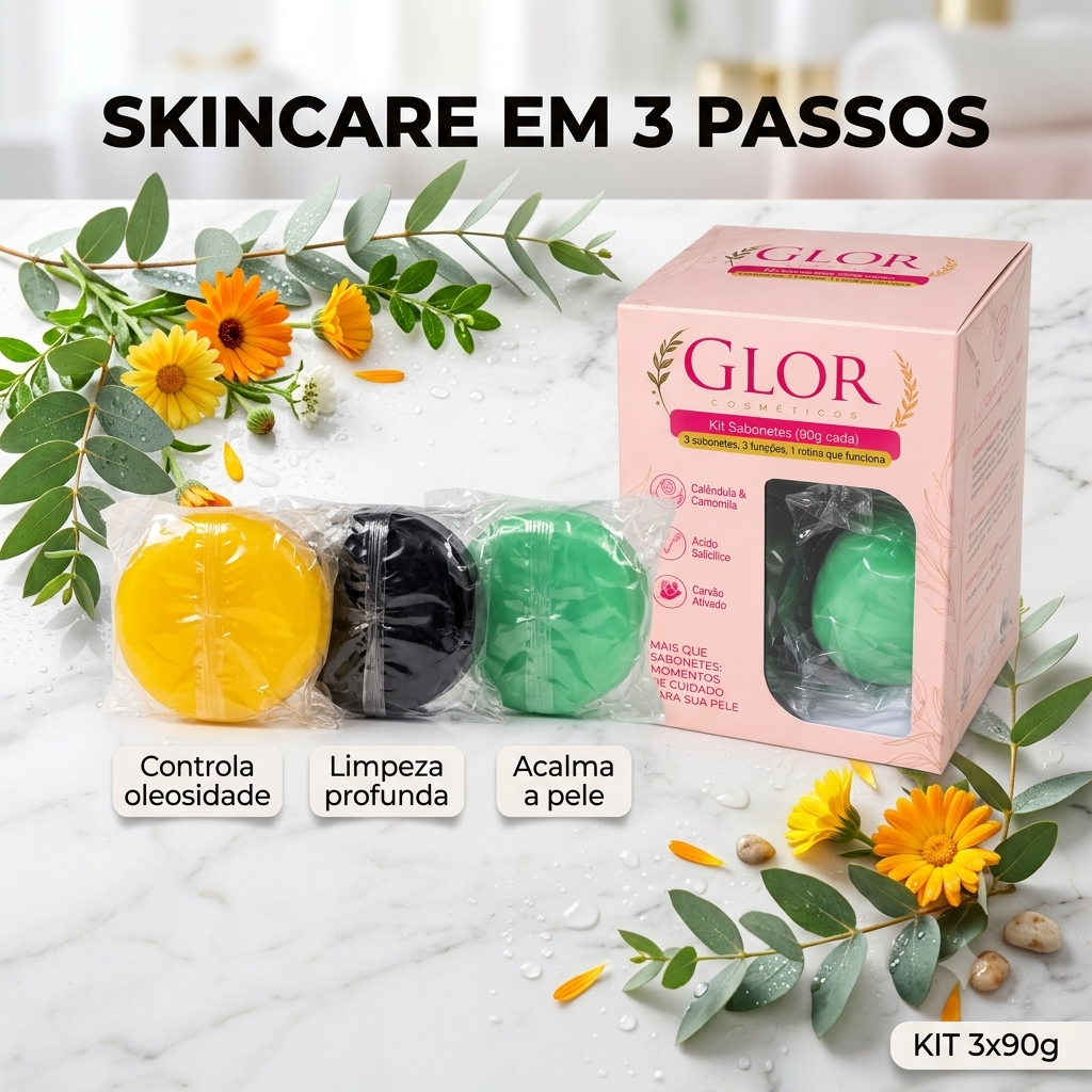 Kit Skincare Facial GLOR | 3 Sabonetes para Pele Oleosa