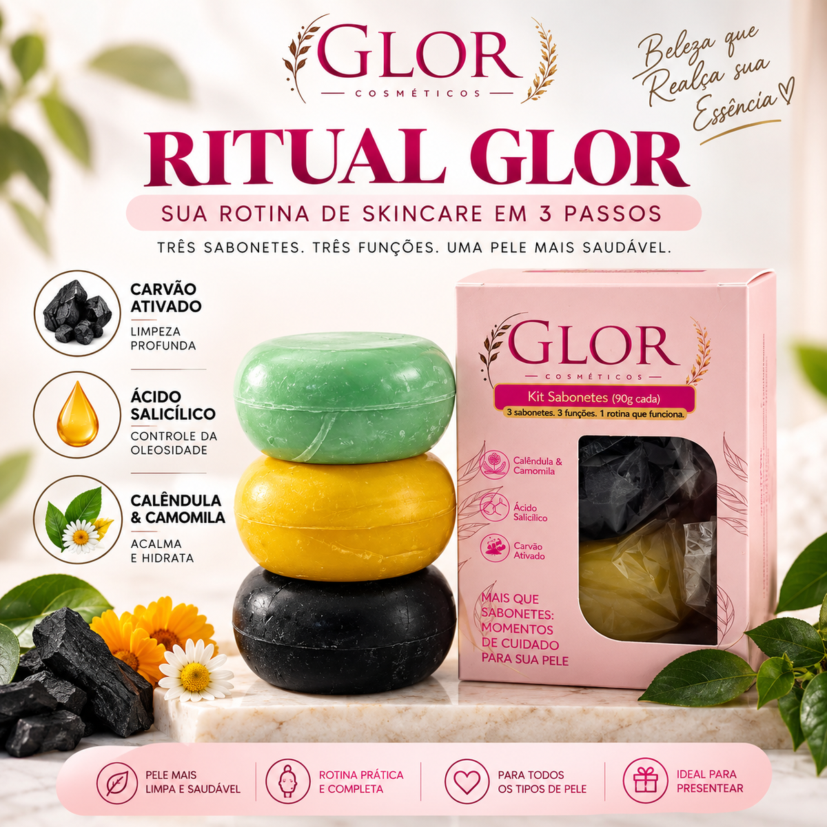Kit Skincare Facial GLOR | 3 Sabonetes para Pele Oleosa
