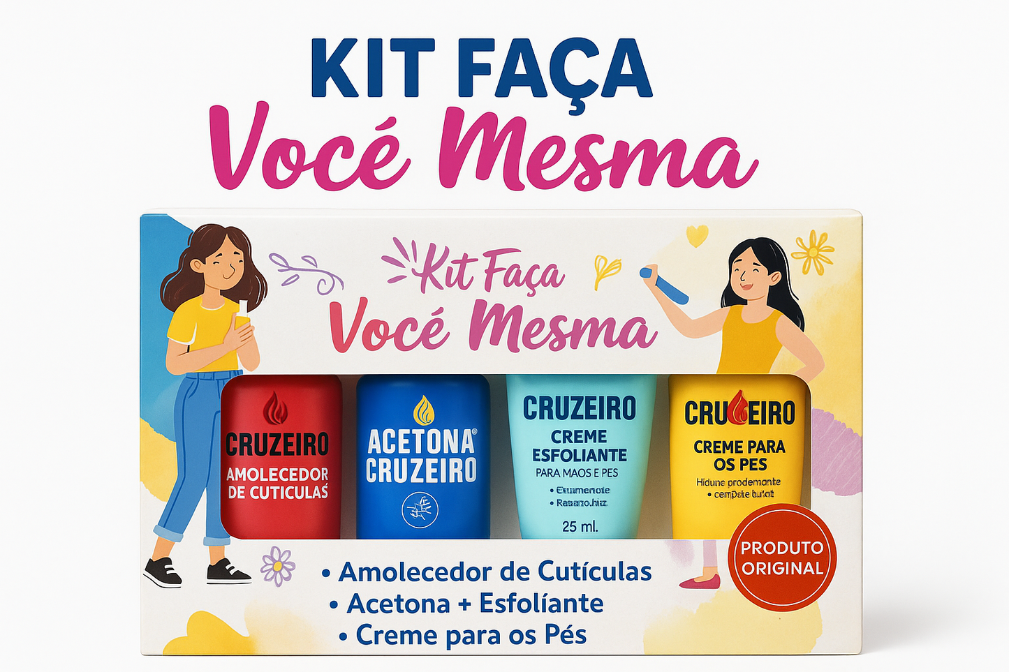 Kit Faça Você Mesma Cruzeiro – Acetona + Amolecedor de Cutículas + Esfoliante + Creme para os Pés | Cuidados Completos