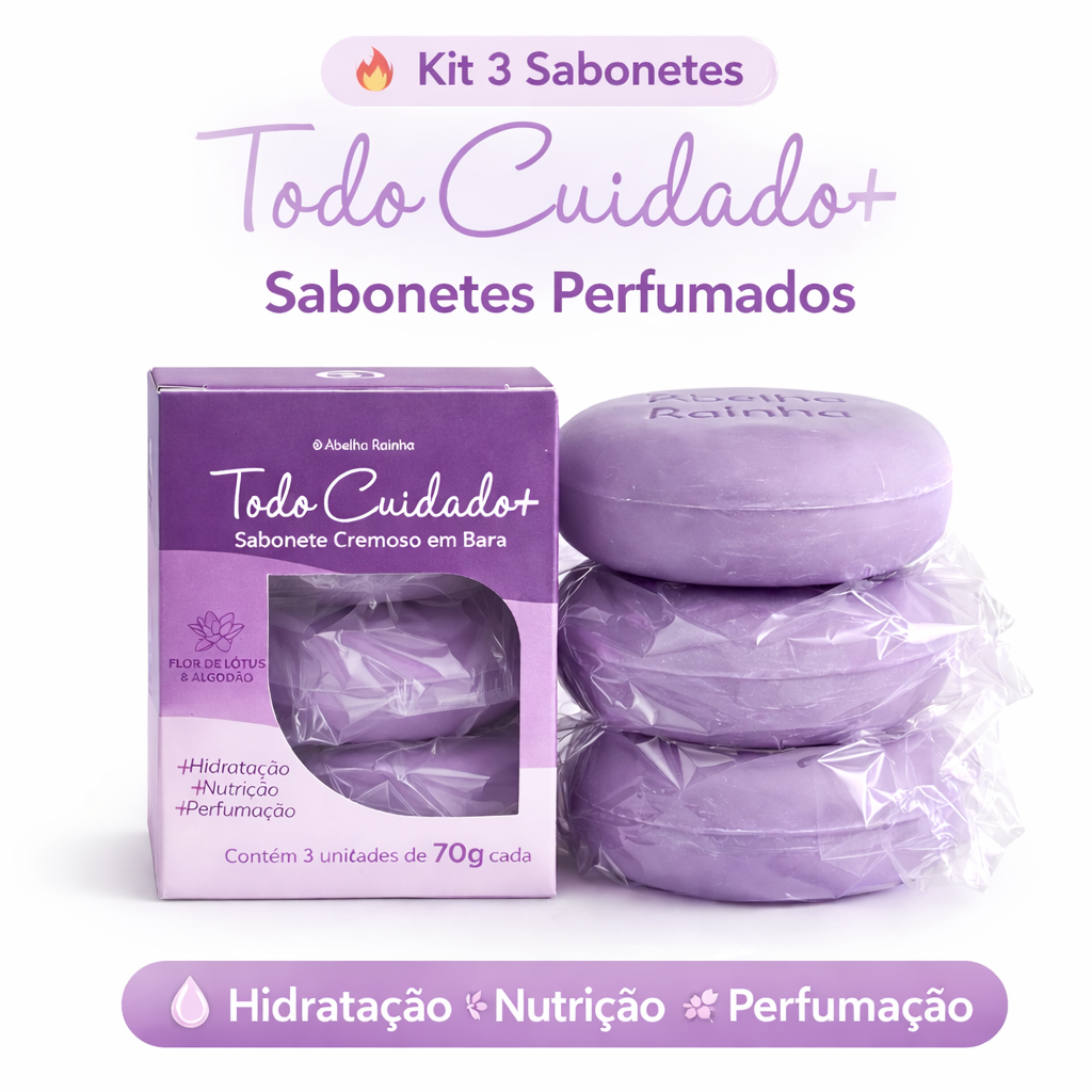 Kit 3 Sabonetes Abelha Rainha Todo Cuidado+ 70g Flor de Lótus Algodão Hidratante Perfumado