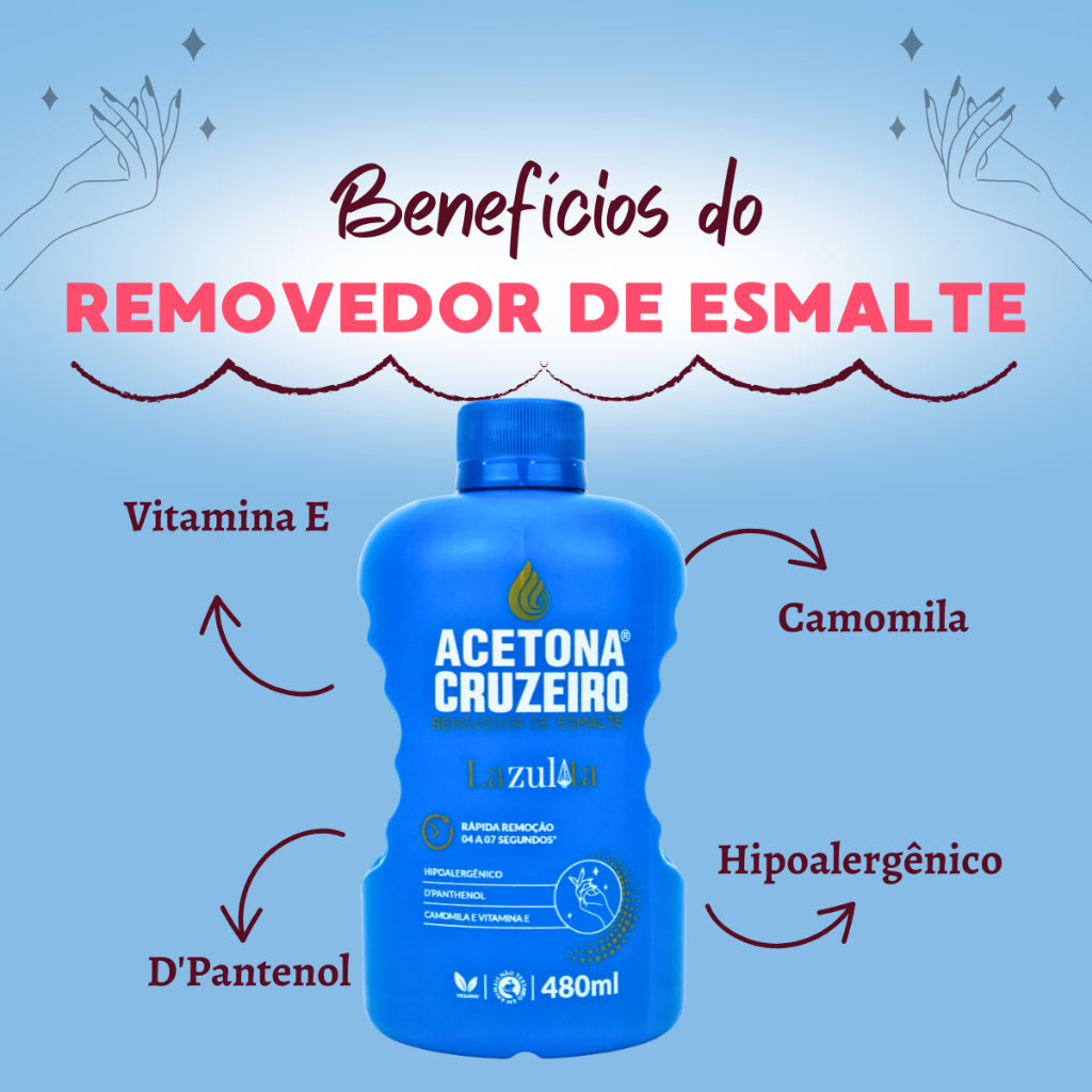 Acetona Cruzeiro Azul 480ml – Removedor de Esmalte Rápido, Hipoalergênico, com D'Panthenol, Camomila e Vitamina E