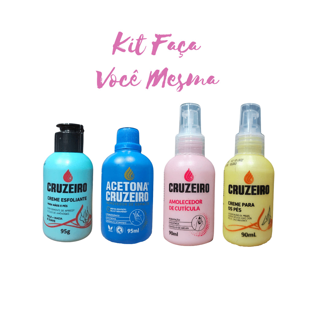 Kit Faça Você Mesma Cruzeiro – Acetona + Amolecedor de Cutículas + Esfoliante + Creme para os Pés | Cuidados Completos