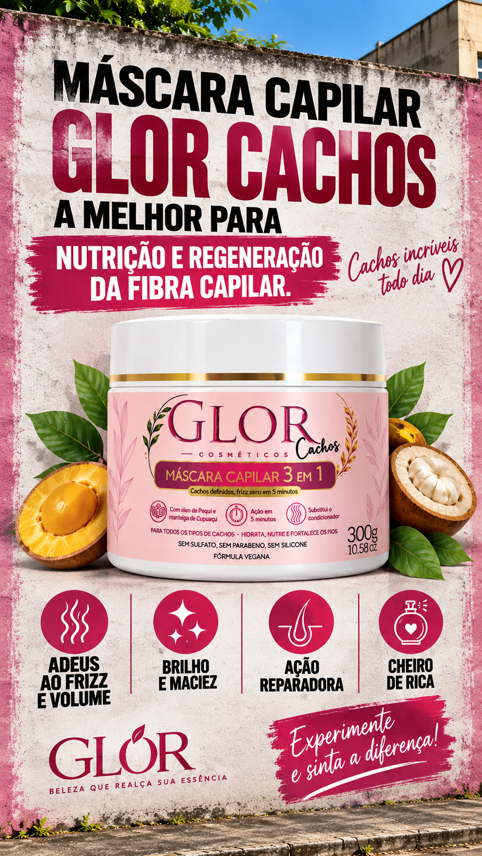 GLOR Cachos máscara capilar 3 em 1 com óleo de pequi e buriti 300g