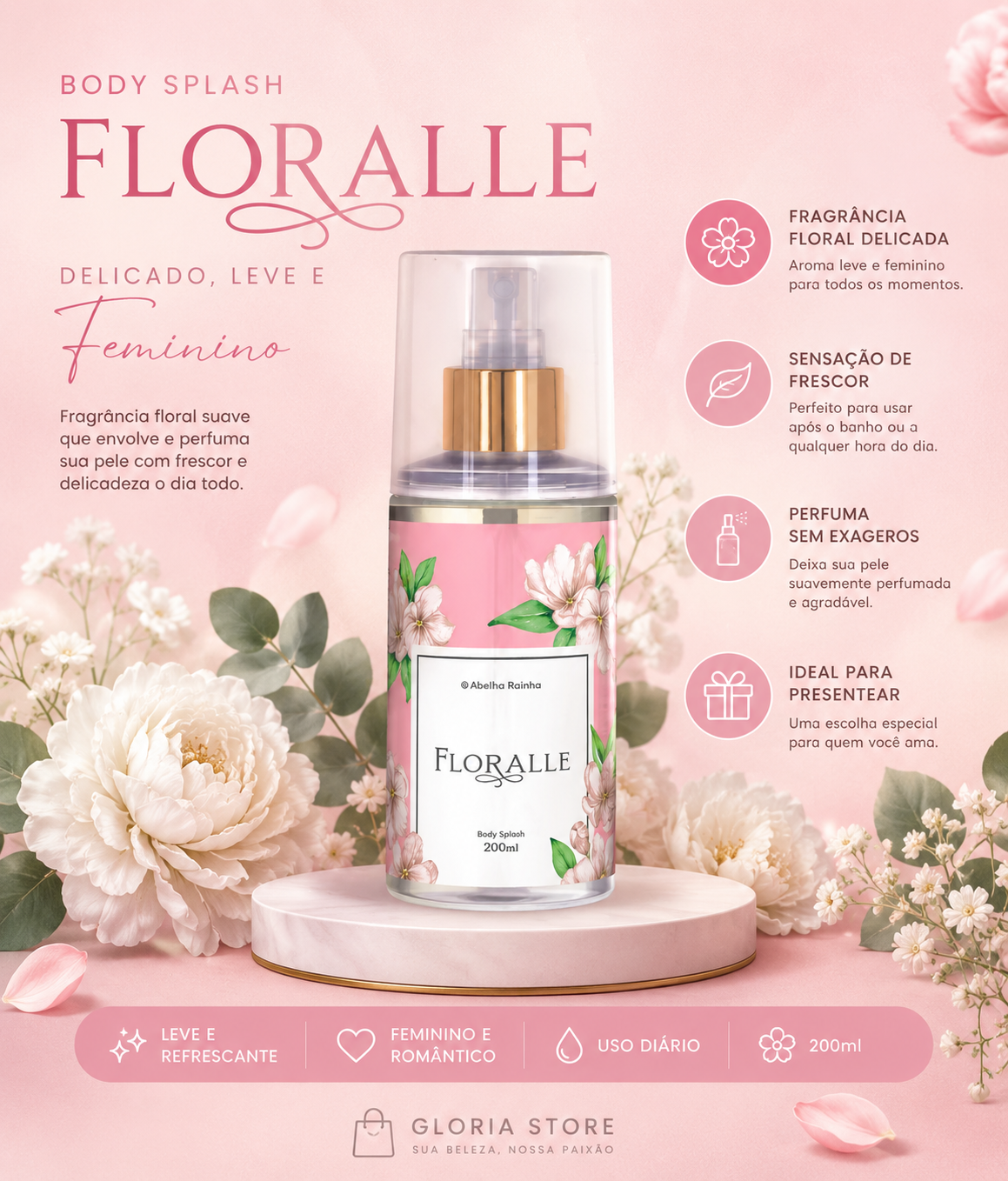 Body Splash Floralle 200ml Feminino Delicado e Floral - Abelha Rainha