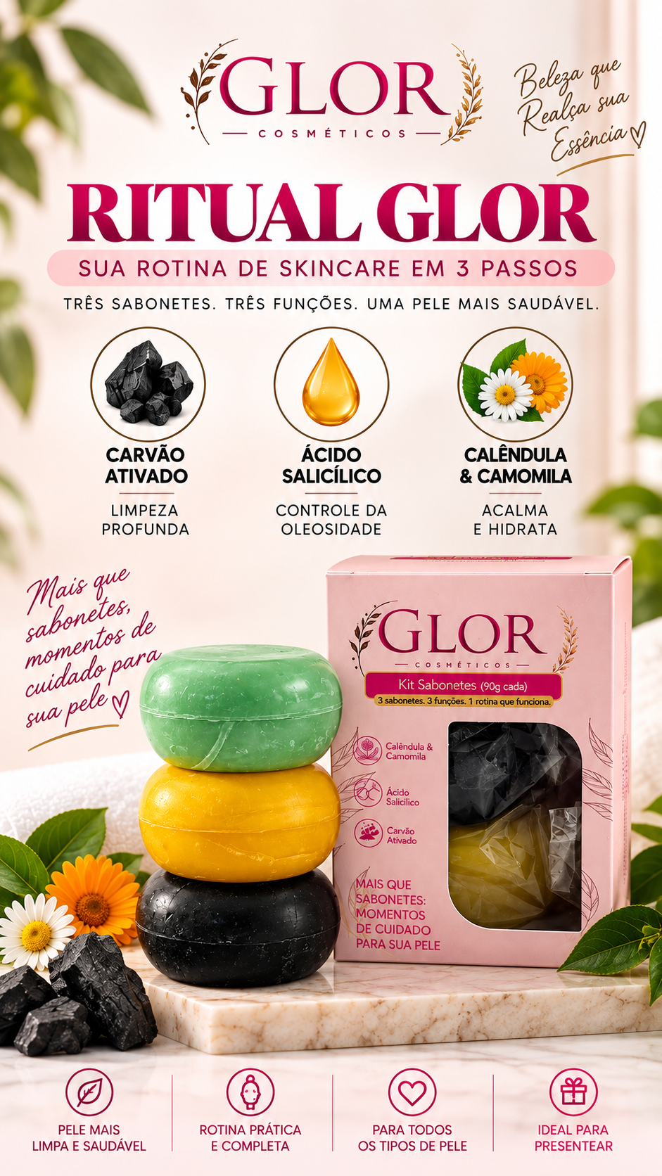 Kit Skincare Facial GLOR | 3 Sabonetes para Pele Oleosa
