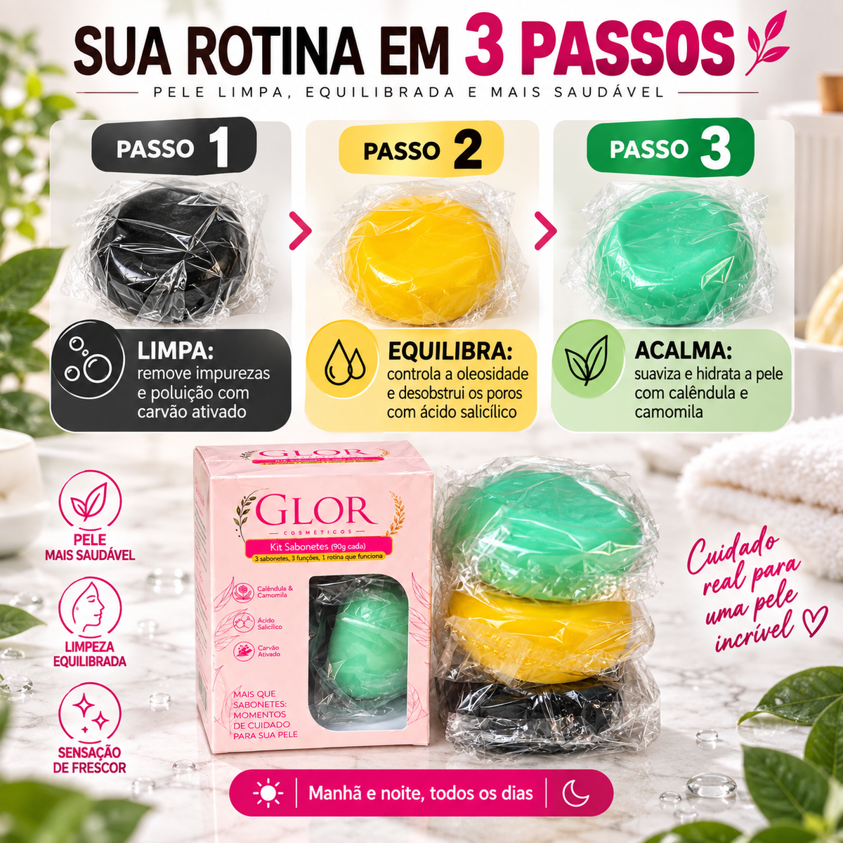 Kit Skincare Facial GLOR | 3 Sabonetes para Pele Oleosa