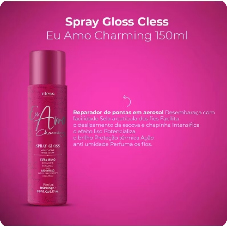 Spray Gloss Eu Amo Charming Cless Extra Brilho 150ml – Finalizador Capilar com Efeito Liso Intenso