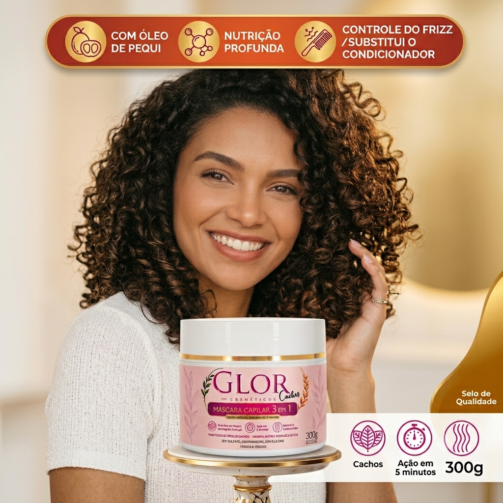 GLOR Cachos máscara capilar 3 em 1 com óleo de pequi e buriti 300g