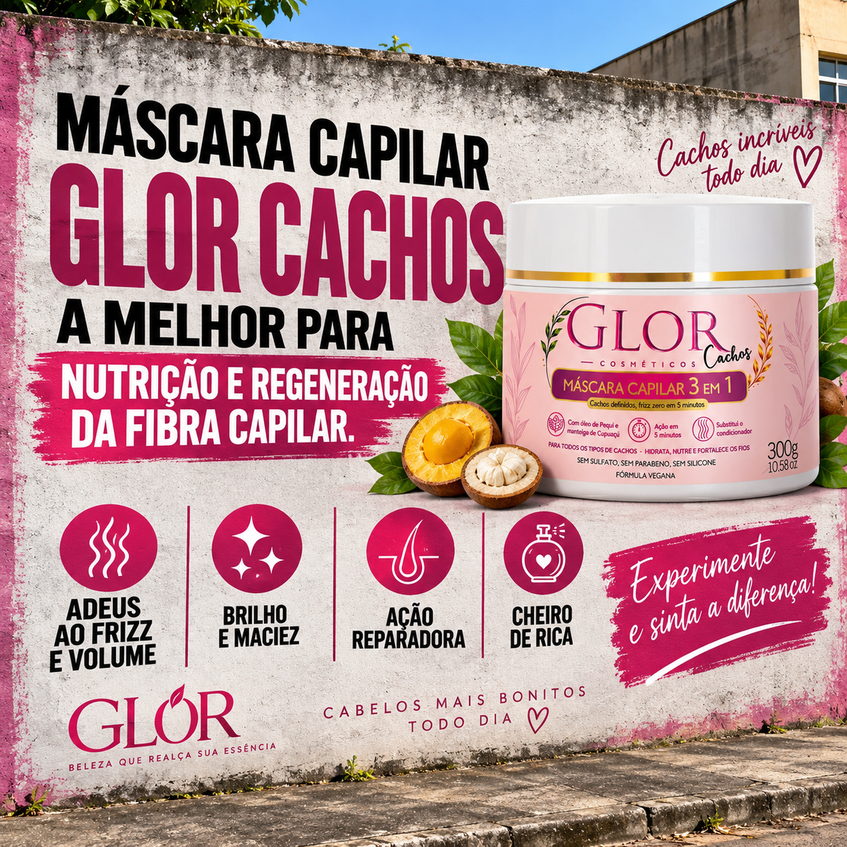 GLOR Cachos máscara capilar 3 em 1 com óleo de pequi e buriti 300g